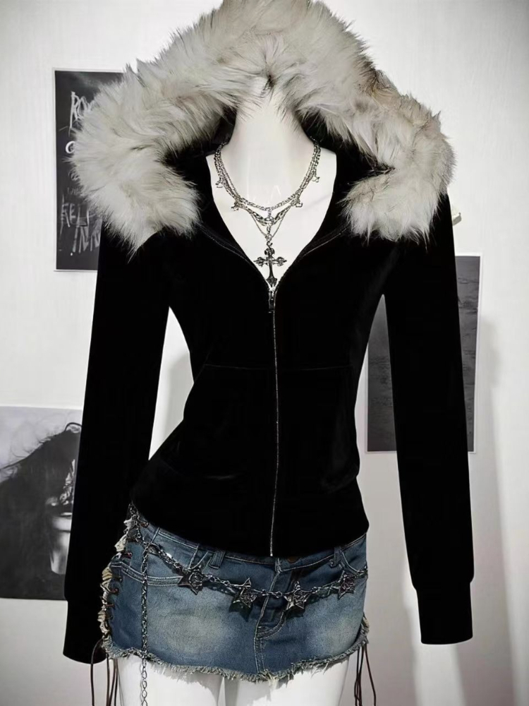 2026 Harajuku Faux Fur Collar  - Vintage Zip Hoodie review and price