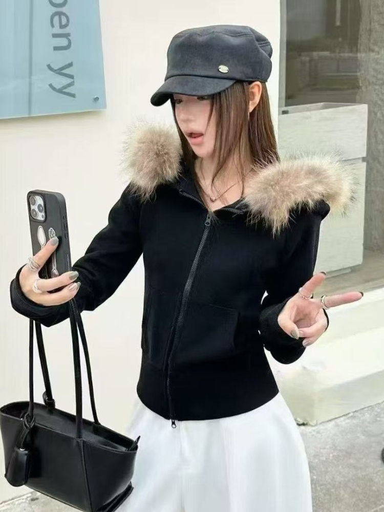 2026 Harajuku Faux Fur Collar  - Vintage Zip Hoodie review and price